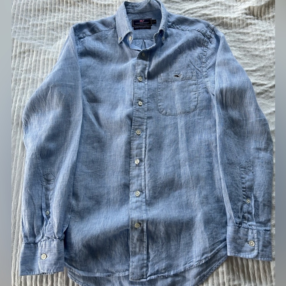 Vineyard Vines Classic Fit Tucker Long Sleeve Blue Linen Shirt, Small - Picture 1 of 5